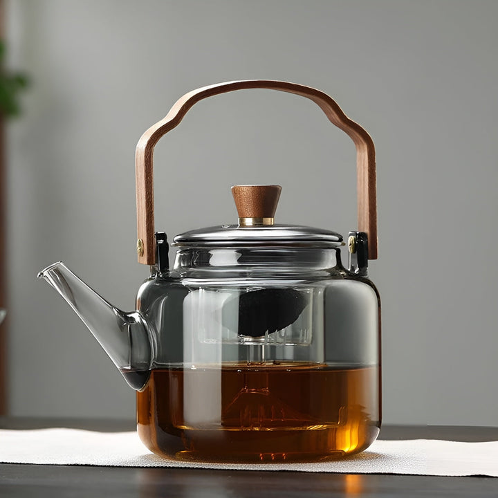 Glass Teapot with Wooden Lid and Strainer – Elegant Design | 1.2 L Smoke Glass for Stylish Tea Enjoyment | Bowlift