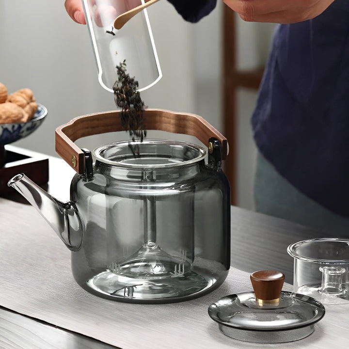 Glass Teapot with Wooden Lid and Strainer – Elegant Design | 1.2 L Smoke Glass for Stylish Tea Enjoyment | Bowlift