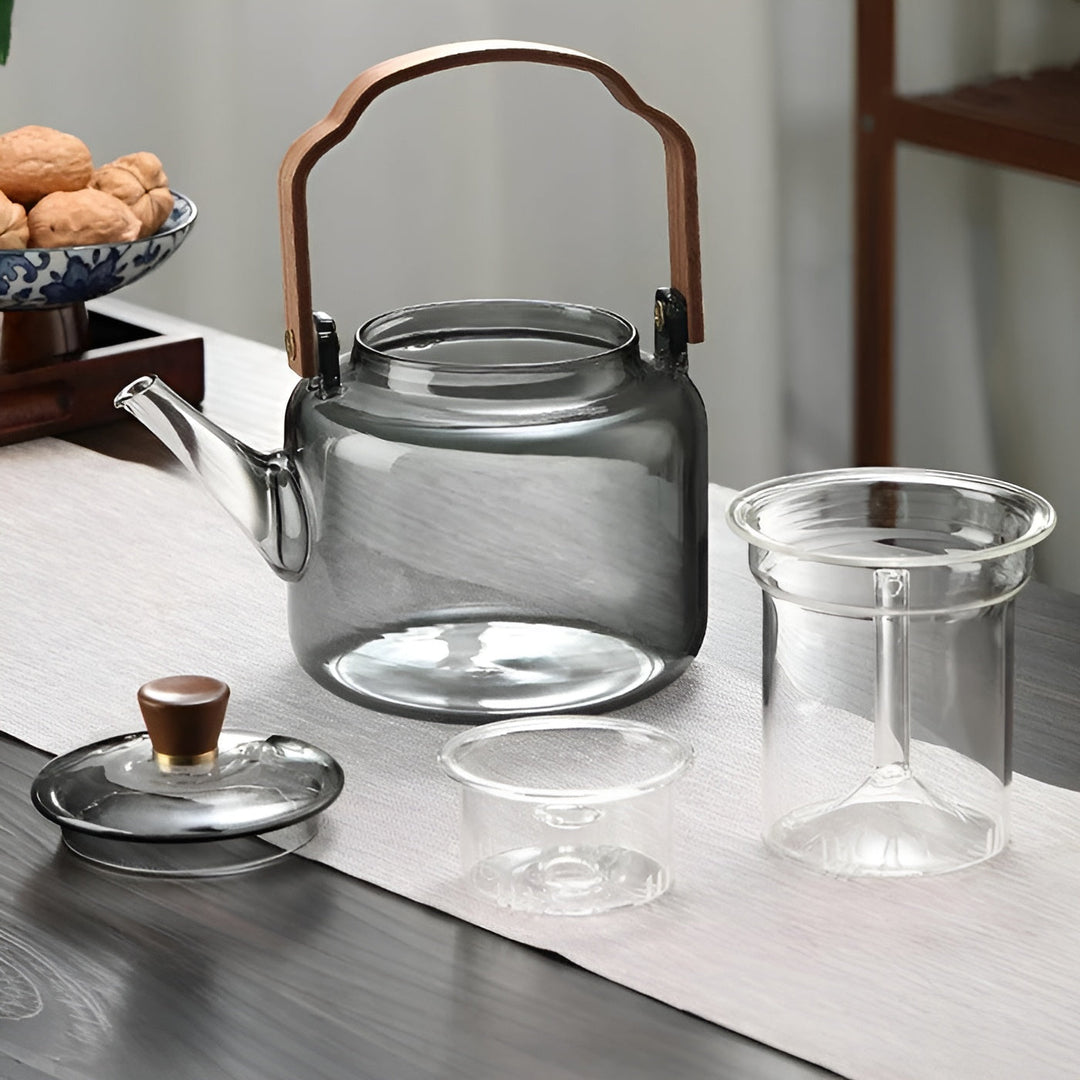 Glass Teapot with Wooden Lid and Strainer – Elegant Design | 1.2 L Smoke Glass for Stylish Tea Enjoyment | Bowlift