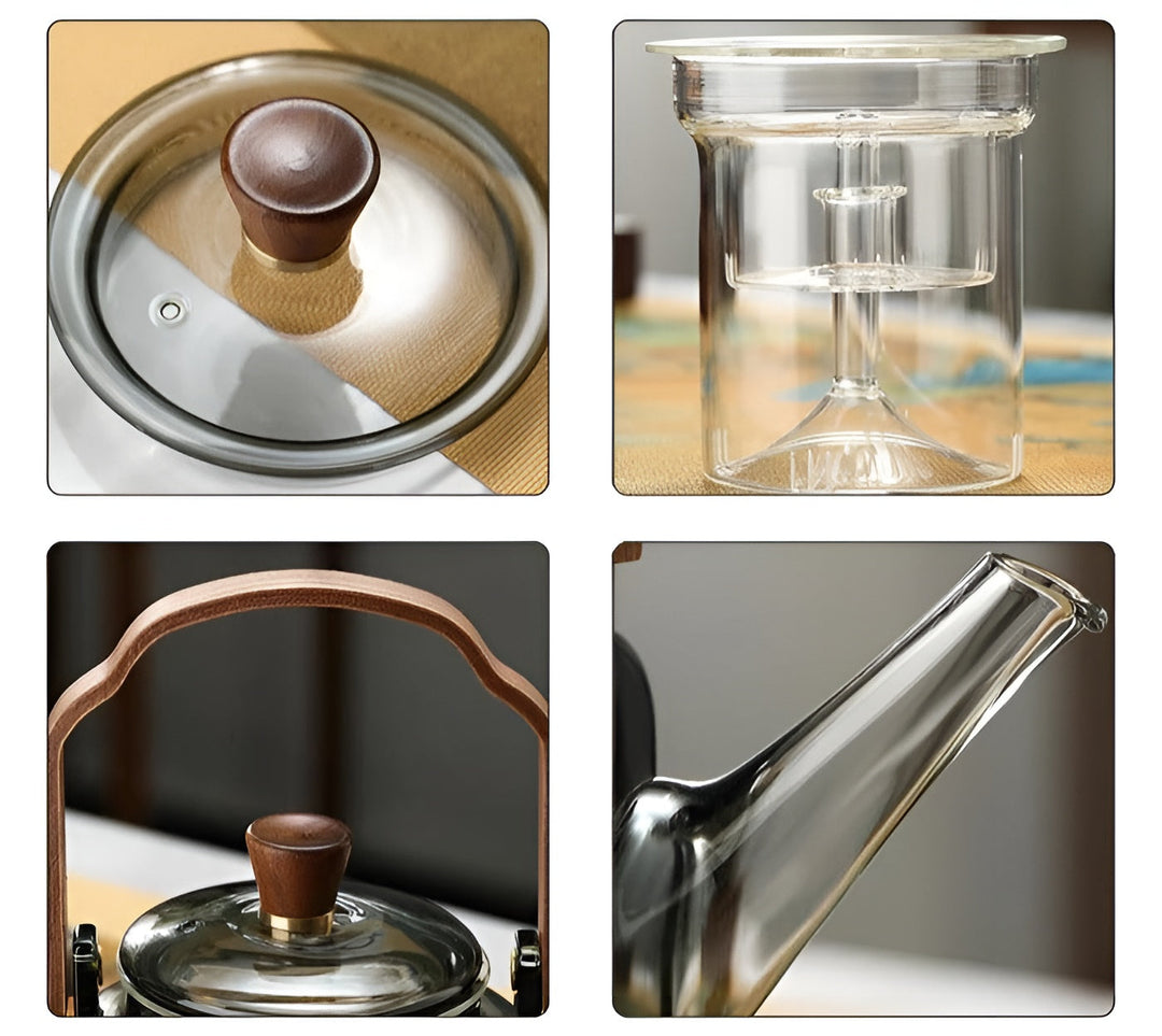 Glass Teapot with Wooden Lid and Strainer – Elegant Design | 1.2 L Smoke Glass for Stylish Tea Enjoyment | Bowlift