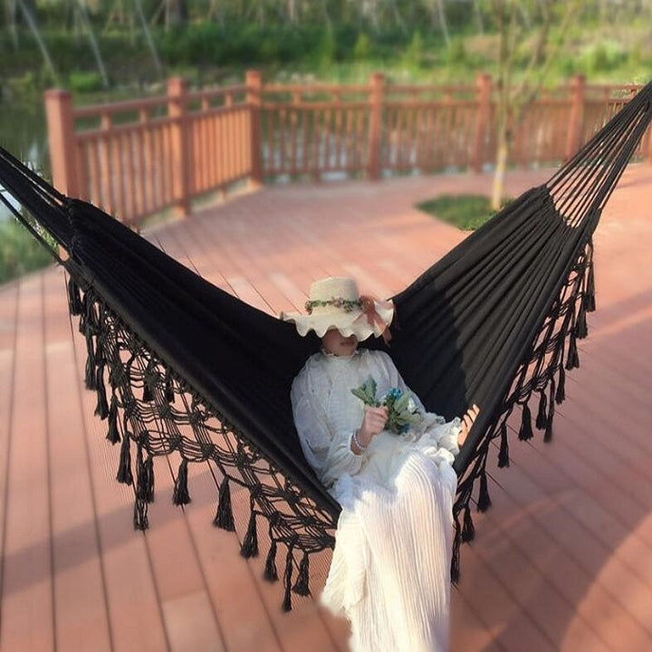 BowLift | Tassel Hammock Double Canvas Hammock Outdoor Indoor Photography Props, Specification: 200x150cm Black