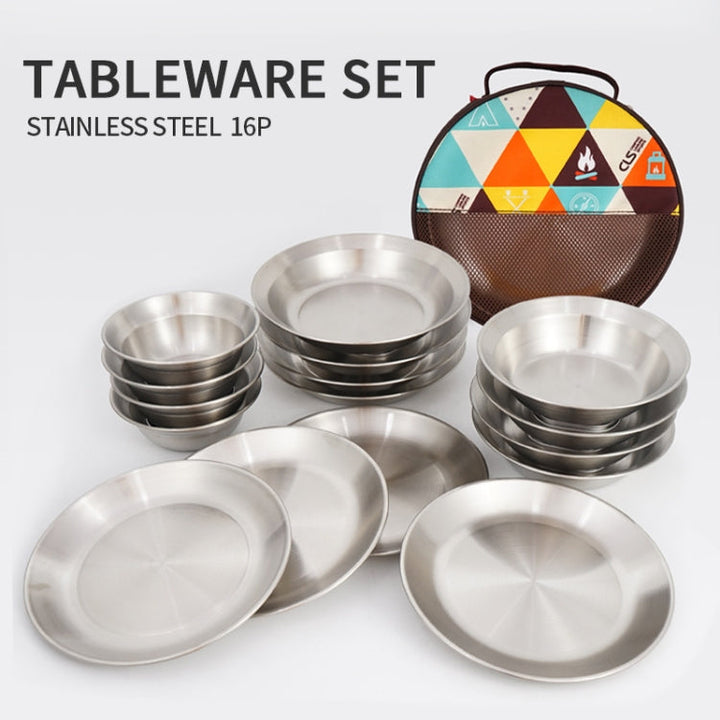 BowLift | 16 PCS / Set CLS Outdoor Stainless Steel Tableware Portable Camping Dinner Bowl Plate Set
