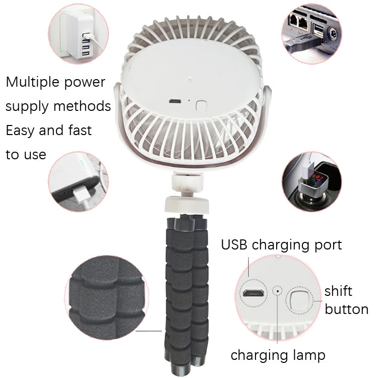 Octopus Stroller Deformation Fan Desktop Portable Handheld USB Small Fan, Colour: 1200mAh White | Bowlift