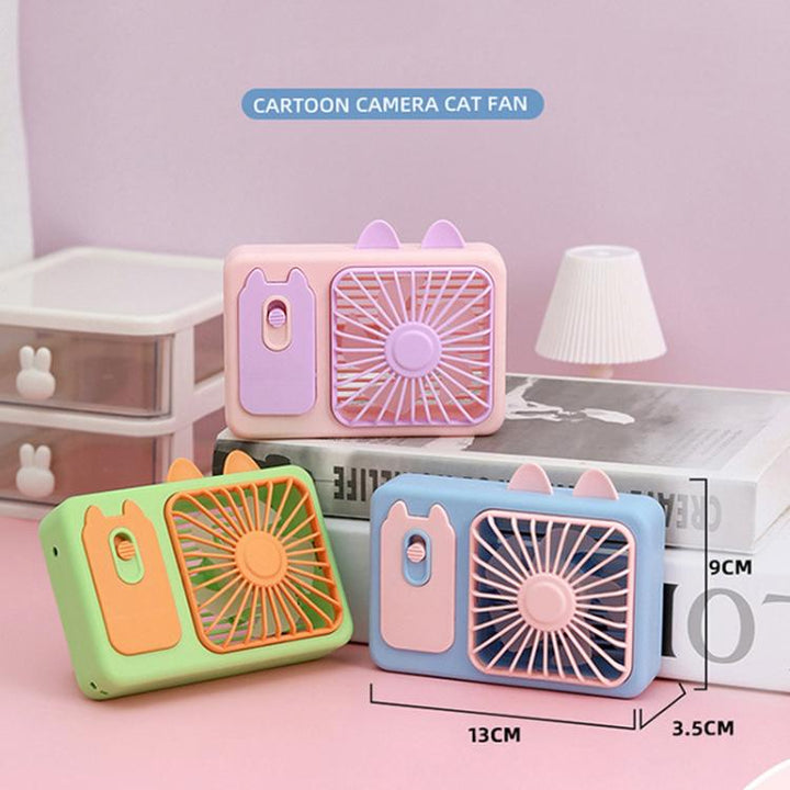 Cute Cartoon Kitten Camera Handheld Large Wind Rechargeable Fan With Stand Desktop Fan(Pink) | Bowlift