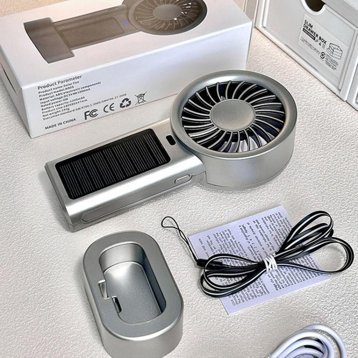 Solar Powered Handheld & Desk Fan with 5-Speed Turbo 12 Blades USB Type-C Fast Charging(Black) | Bowlift