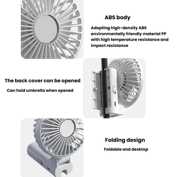 Folding Hanging Umbrella Fan USB Handheld Portable Umbrella Clip Fan Compact Desktop Fan(White) | Bowlift