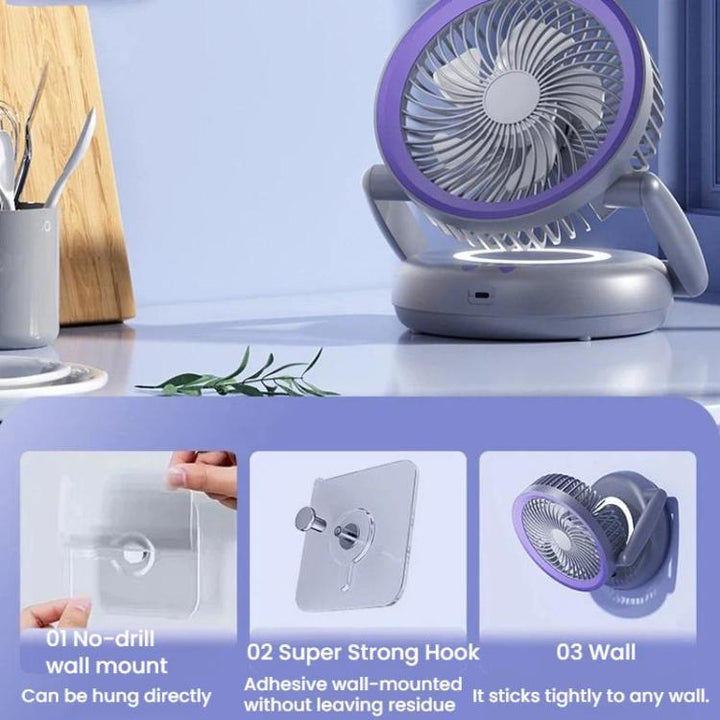 Foldable Air Circulator Fan With Battery Indicator Household Desktop & Wall-Mounted Fan With LED Light(Grey Purple) | Bowlift
