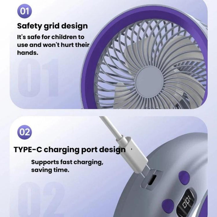 Foldable Air Circulator Fan With Battery Indicator Household Desktop & Wall-Mounted Fan With LED Light(Grey Purple) | Bowlift