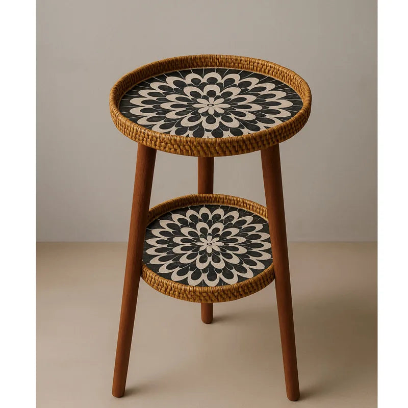 BowLift | Double Side Table with Artistic Mosaic Pattern - Rattan & Wood