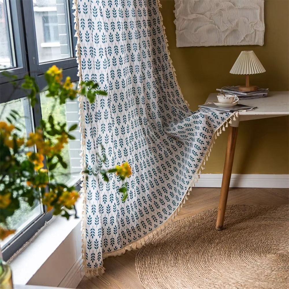 BowLift | Teal Blue Leaves Semi Sheer Curtains