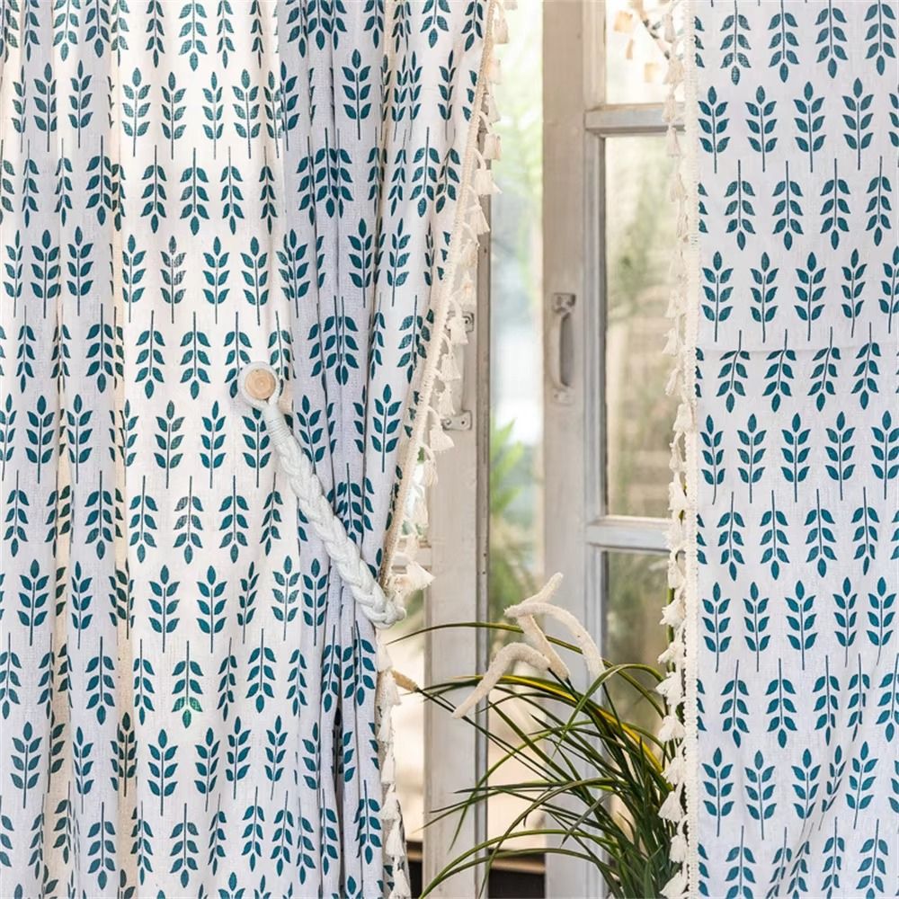 BowLift | Teal Blue Leaves Semi Sheer Curtains