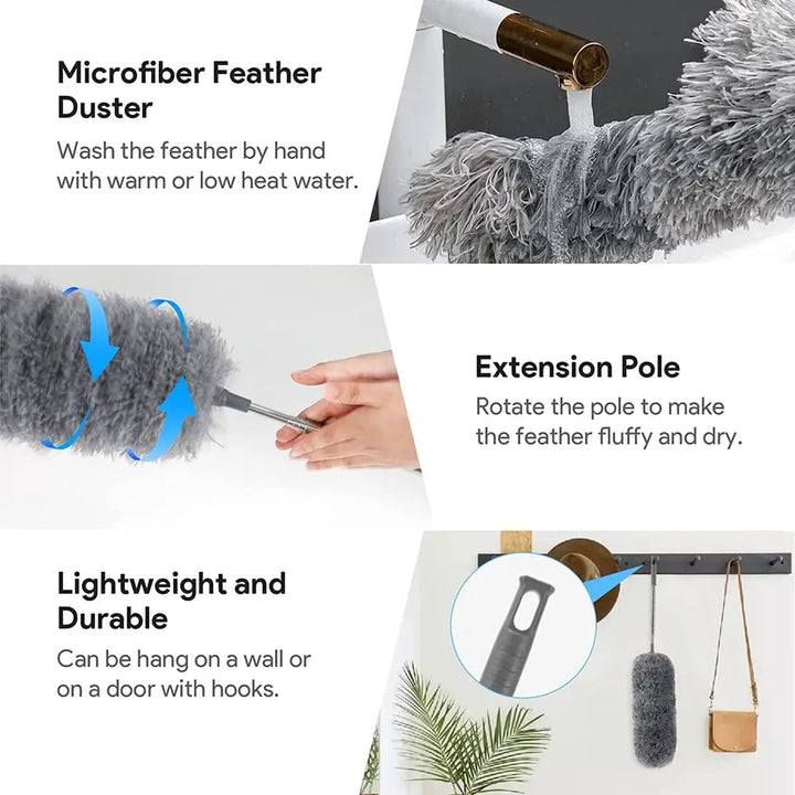 BowLift | Telescopic dust duster with extra long microfiber head (Free 3 replacement cleaning heads)