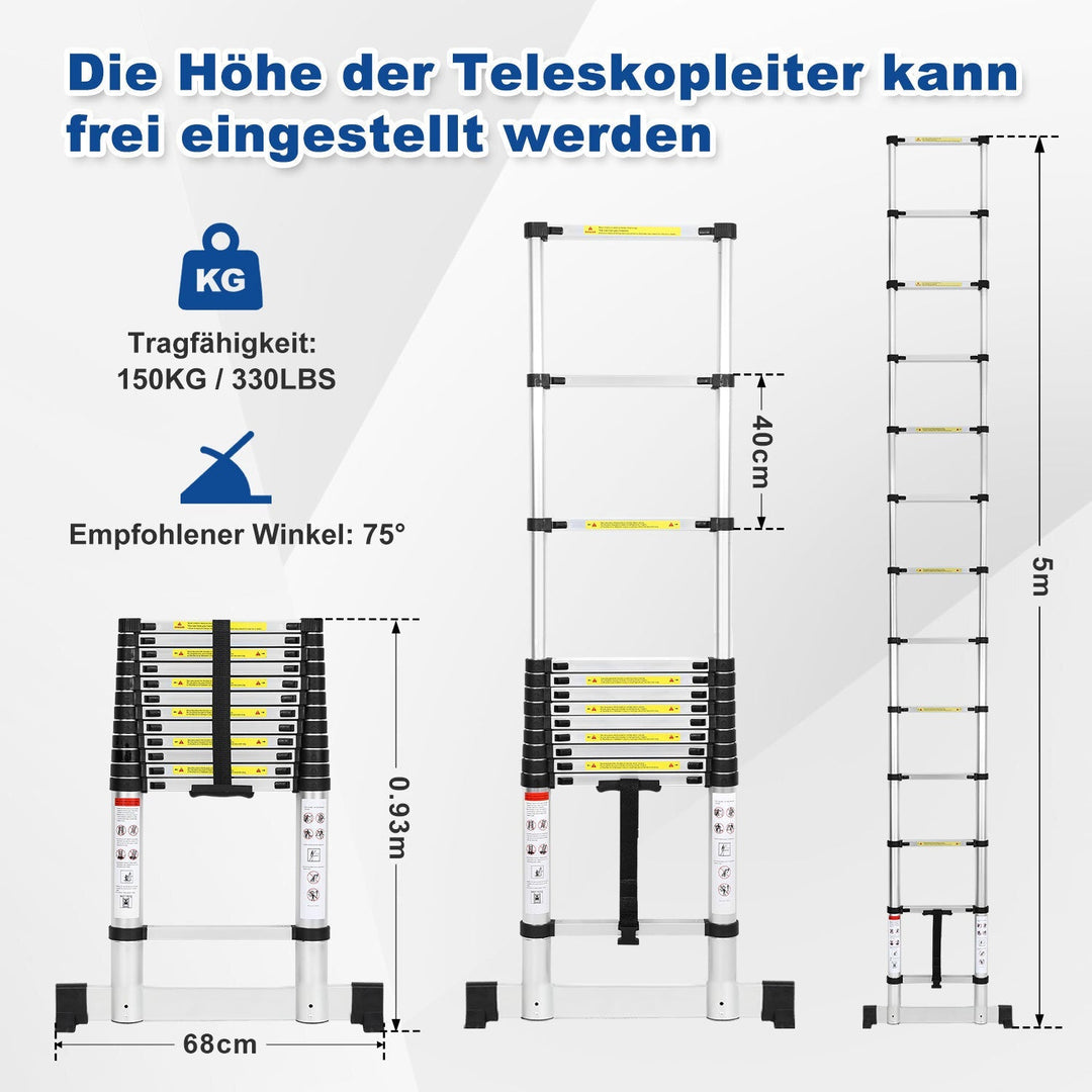 Telescopic ladder Aluminium Load capacity up to 150kg 2.6m-5m with stabilizer | Bowlift