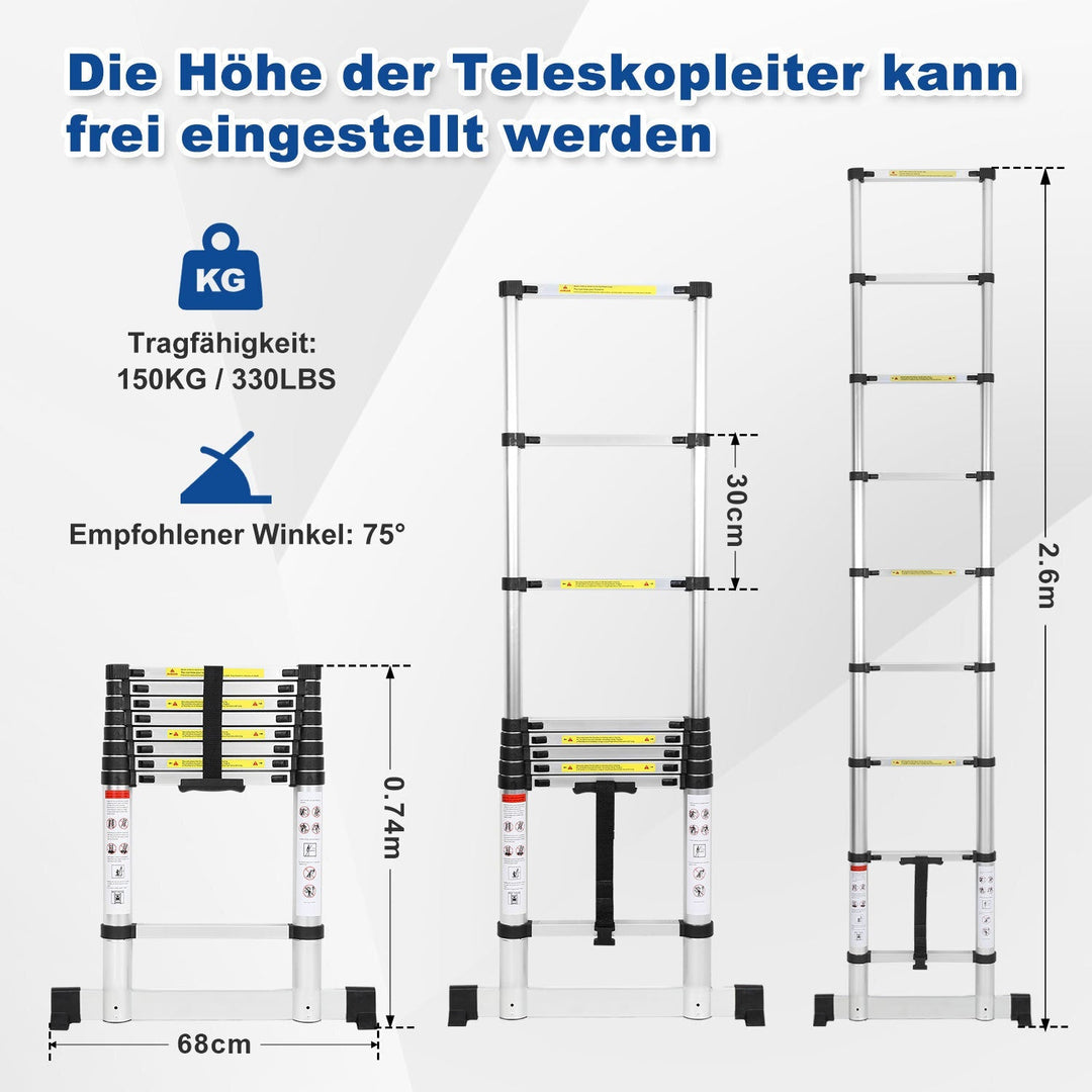 Telescopic ladder Aluminium Load capacity up to 150kg 2.6m-5m with stabilizer | Bowlift