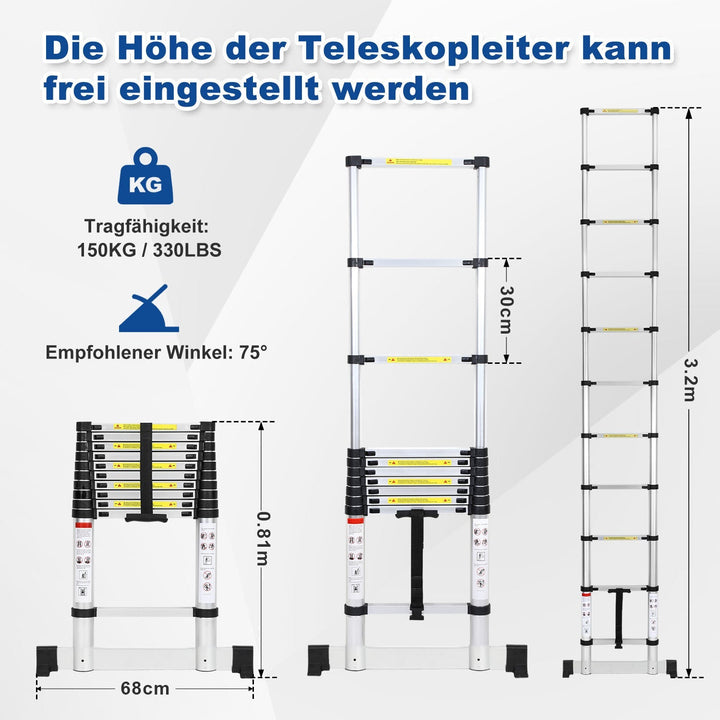 Telescopic ladder Aluminium Load capacity up to 150kg 2.6m-5m with stabilizer | Bowlift