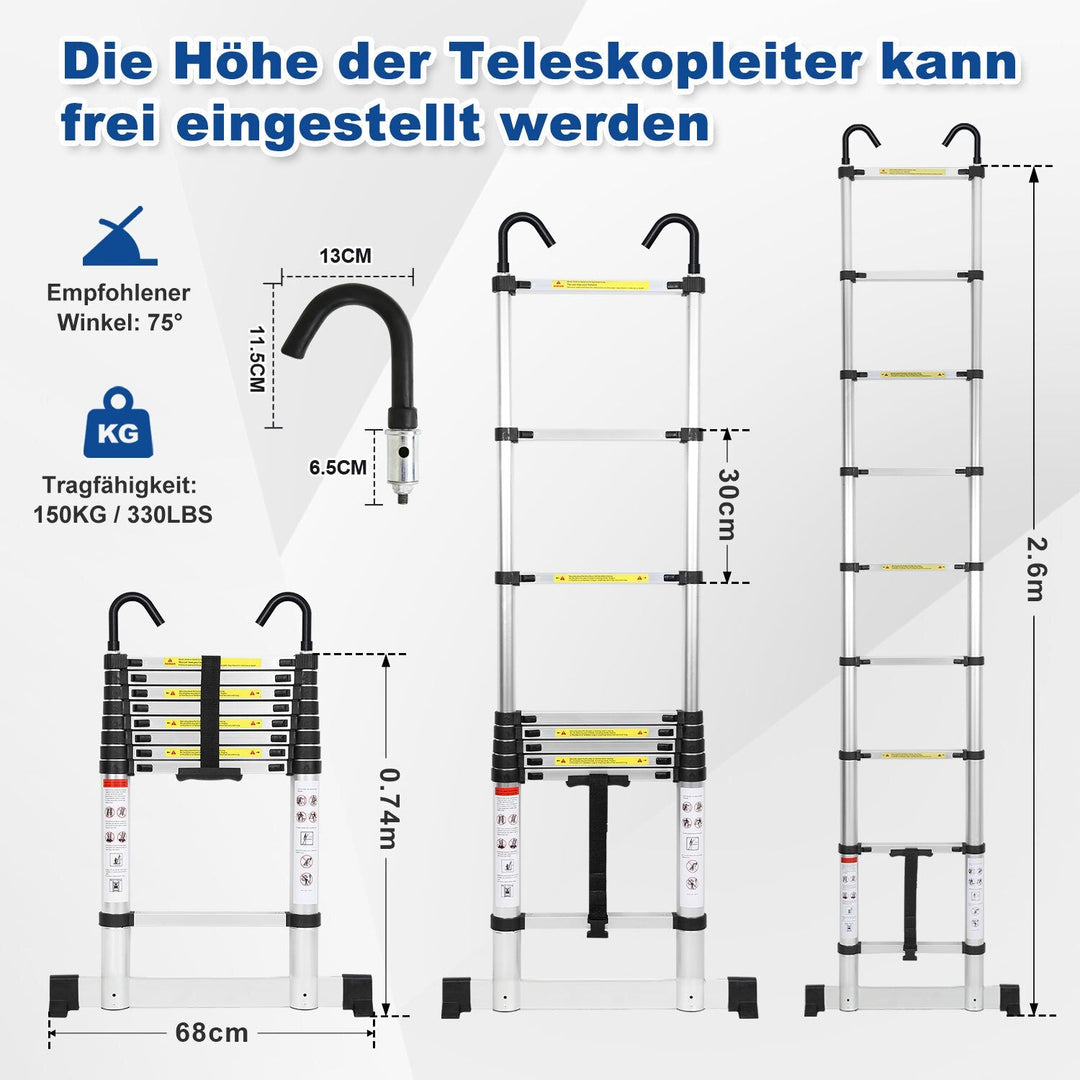 Telescopic ladder with 2 removable hooks with stabilizer | Bowlift