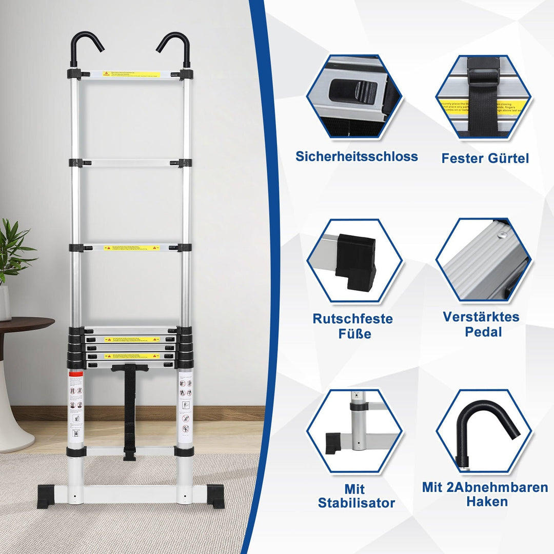 Telescopic ladder with 2 removable hooks with stabilizer | Bowlift
