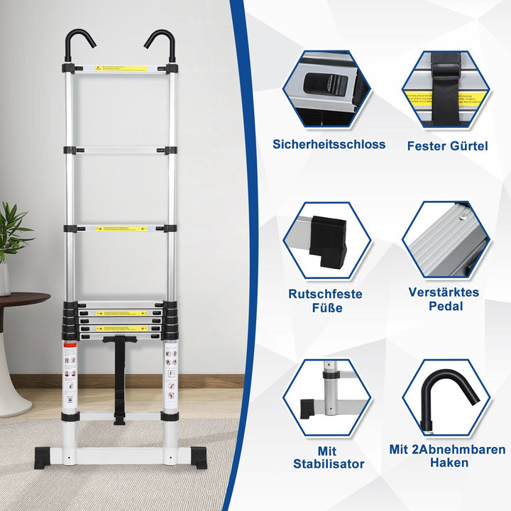 Telescopic ladder with 2 removable hooks with stabilizer | Bowlift