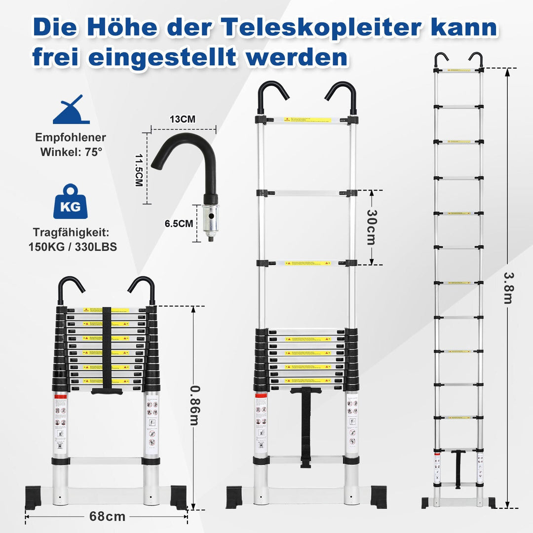 Telescopic ladder with 2 removable hooks with stabilizer | Bowlift