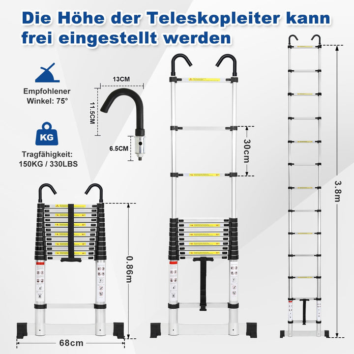 Telescopic ladder with 2 removable hooks with stabilizer | Bowlift