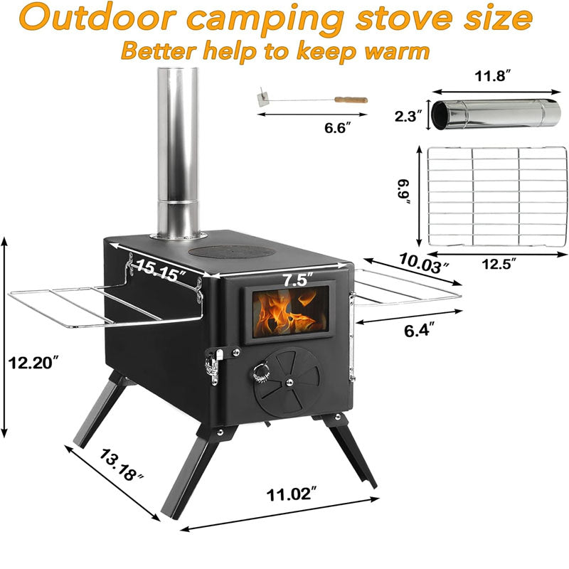 BowLift | Tent Wood Stove with Chimney Pipes & Gloves for Tent Camping Ice-fishing Cookout Hiking Travel with 7 Pipes