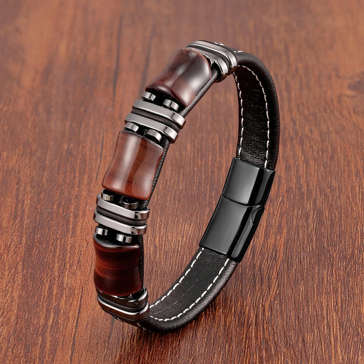 BowLift | Tiger Power Leather Bracelet – Natural Stone Jewelry with Tiger Eye and Stainless Steel Accents