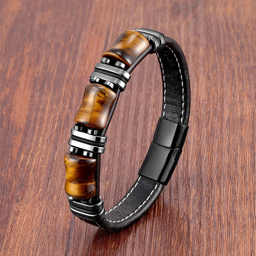 BowLift | Tiger Power Leather Bracelet – Natural Stone Jewelry with Tiger Eye and Stainless Steel Accents