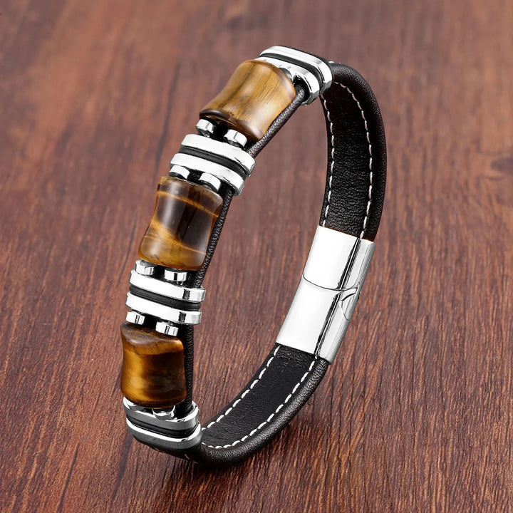 BowLift | Tiger Power Leather Bracelet – Natural Stone Jewelry with Tiger Eye and Stainless Steel Accents