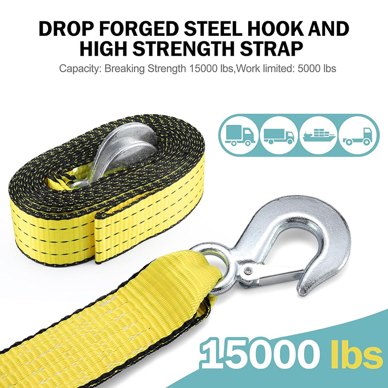 BowLift | Heavy Duty Tow Straps with Hooks 2”x20’ 15,000 LBS Metal Safety Hooks Woven Polyester Webbing for Trailers and Farm Cleaning