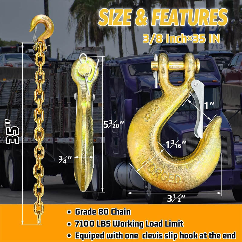BowLift | 2 Pack Tow Chain 3/8" Trailer Safety Chains G80 Tow Chains with G70 Clevis Safety Hooks 35" length 27000 lbs Break Strength 7100 lbs