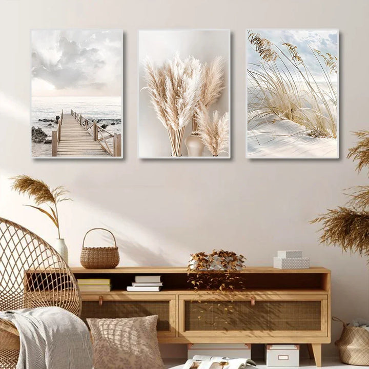 Tranquil Sea Grass Beach Seaside Landscape Wall Art Fine Art Canvas Prints Scandinavian Pictures Of Calm For Inspirational Living Room Decor | Bowlift