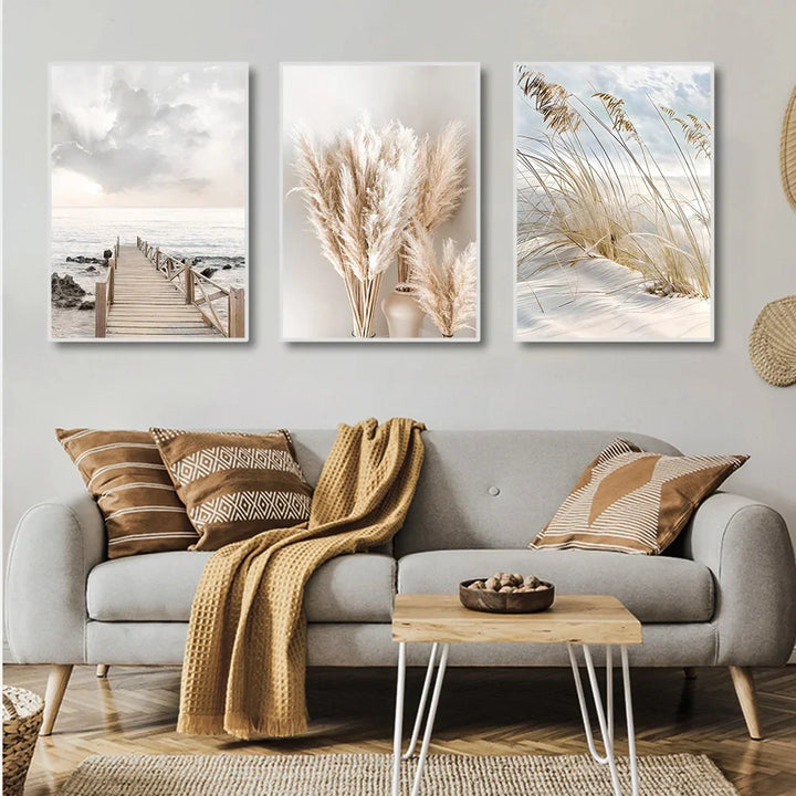 Tranquil Sea Grass Beach Seaside Landscape Wall Art Fine Art Canvas Prints Scandinavian Pictures Of Calm For Inspirational Living Room Decor | Bowlift