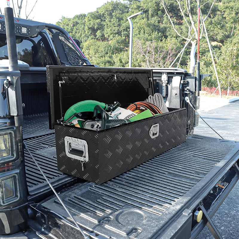 BowLift | 39" Heavy Duty Aluminum Stripes Plated Tool Box Pick Up Truck Toolbox Storage Organizer with Side Handle, Lock and Keys