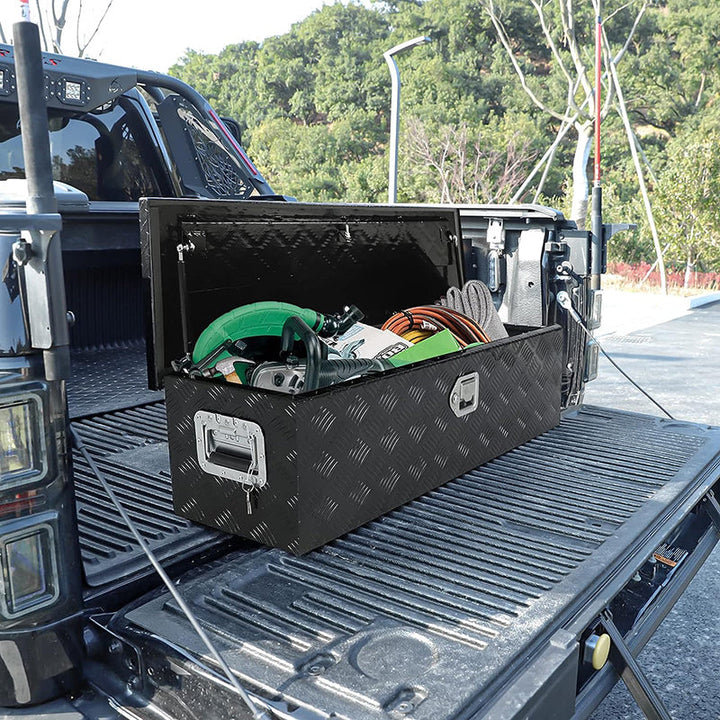 BowLift | 39" Heavy Duty Aluminum Stripes Plated Tool Box Pick Up Truck Toolbox Storage Organizer with Side Handle, Lock and Keys