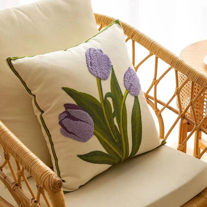 Embroidered tulip cushion cover