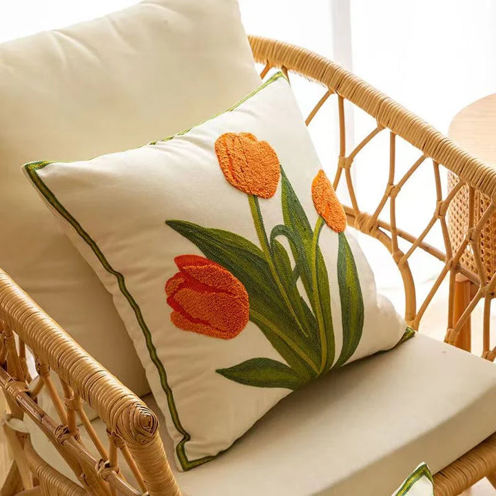 Embroidered tulip cushion cover