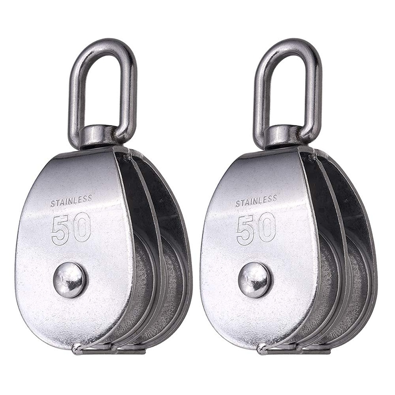 BowLift | 2 Pack M50 Lifting Double Pulley Block 304 Stainless Steel Crane Swivel Hook Double Pulley Roller Loading