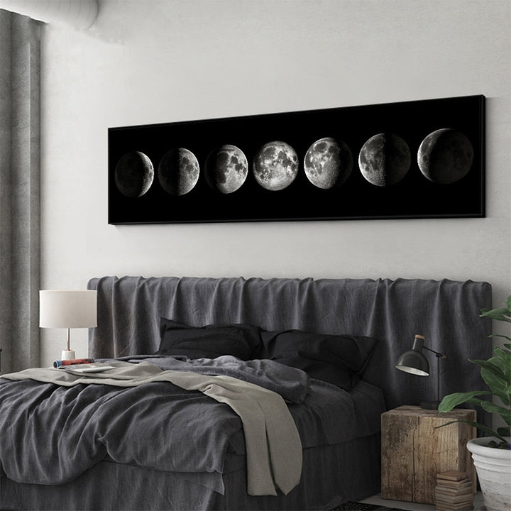 Moon Phases Wide Format Black White Wall Art Canvas Prints Pictures For Bedroom Above The Bed Living Room Decor | Bowlift