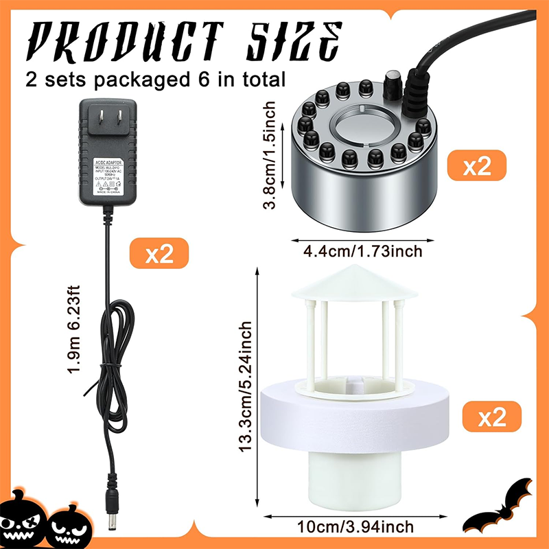 BowLift | 2 Sets Halloween Ultrasonic Foggers 12 LED Lights Sprayers with Adjustable Mist Controller Splash Guard for Fountain Pond Fish Tank
