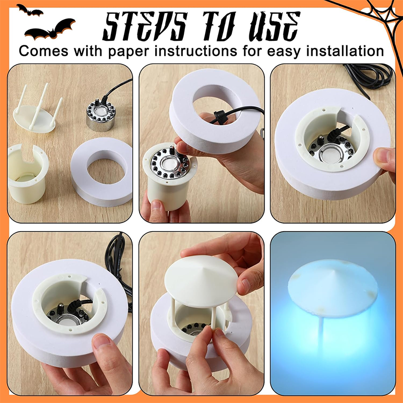 BowLift | 2 Sets Halloween Ultrasonic Foggers 12 LED Lights Sprayers with Adjustable Mist Controller Splash Guard for Fountain Pond Fish Tank