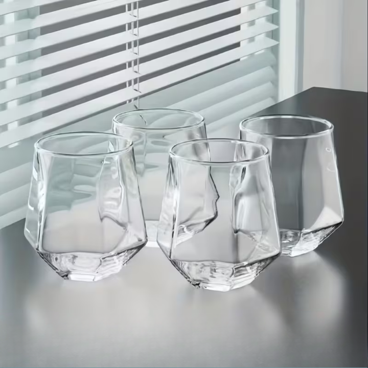 Glass Cup in Transparent Design, 4-Piece Set – Stylish and Decorative Design | 300 ml Glass Cup for Water, Juice, and Tea | Bowlift