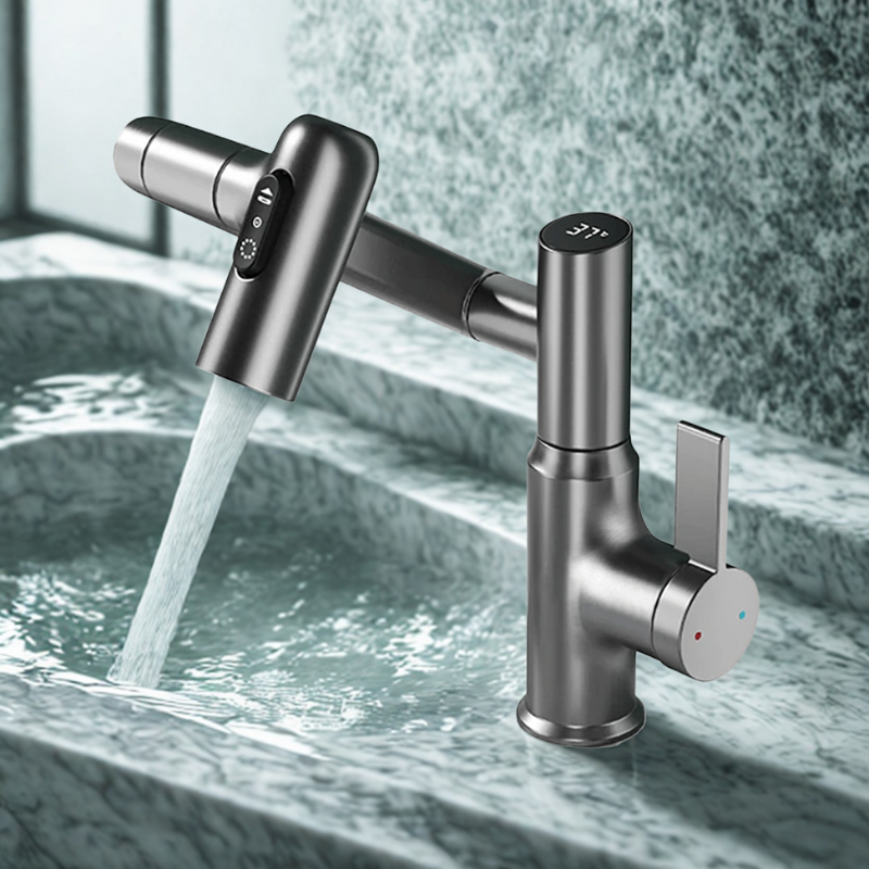 BowLift | FLOWAXIS – 360° Swiveling Kitchen Faucet with Adjustable Height & Temperature Display
