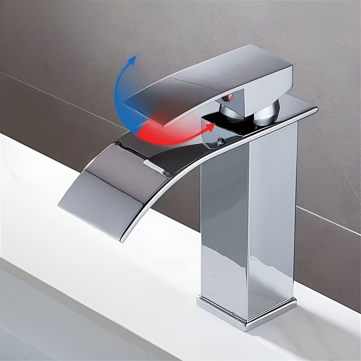 Sink faucet made of stainless steel – waterfall spout with hot and cold water | single hole mixer tap in Bowliftack for bathroom | Bowlift
