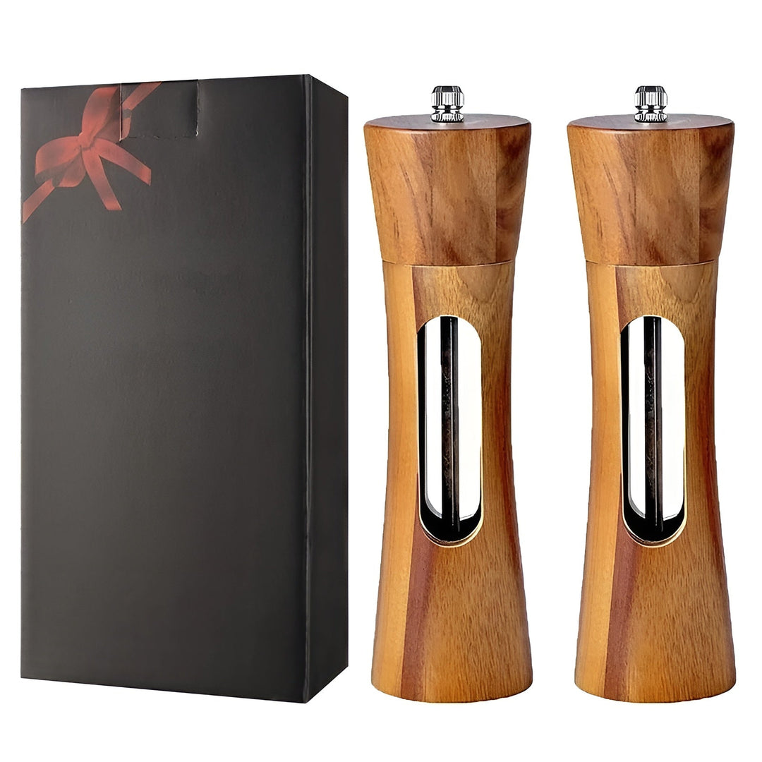 BowLift | SpiceCraft Manual Salt and Pepper Mill Set – Wooden Design with Acrylic Window Adjustable Grind Levels