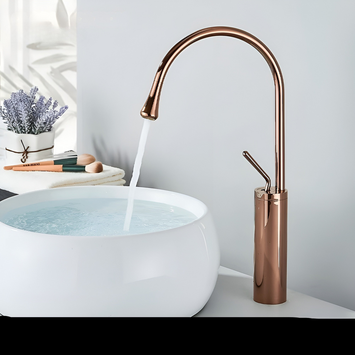 Washbasin tap in brushed look – countertop tap, hot-cold mixer, brass fitting for the living area | Bowlift