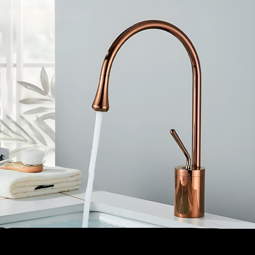 Washbasin tap in brushed look – countertop tap, hot-cold mixer, brass fitting for the living area | Bowlift