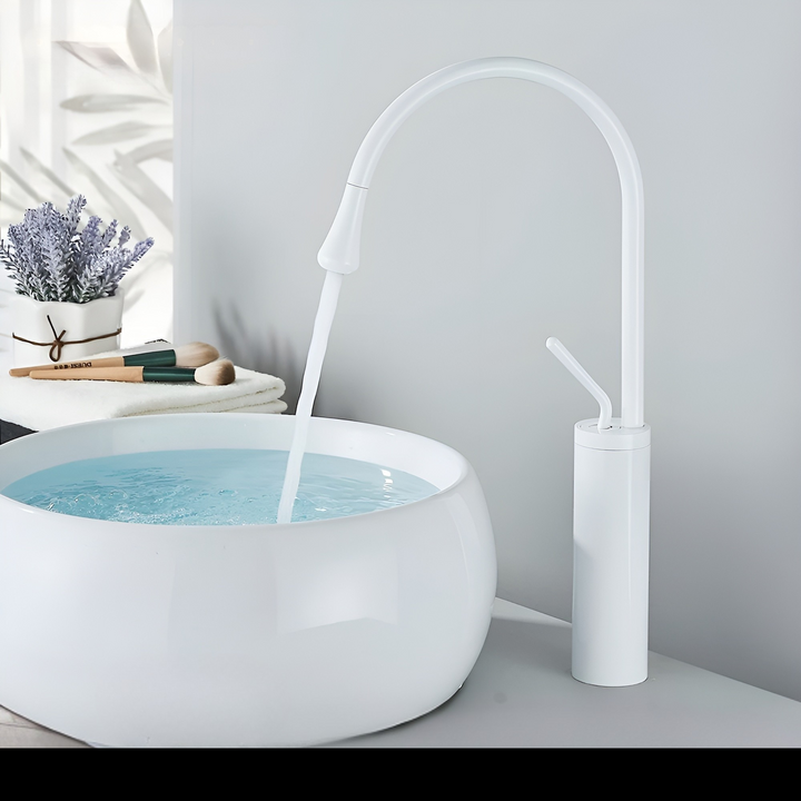 Washbasin tap in brushed look – countertop tap, hot-cold mixer, brass fitting for the living area | Bowlift