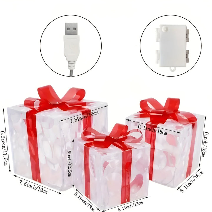 Bright gift boxes in a set of 3 – Transparent Christmas decoration with red ribbons | For indoors & outdoors | Bowlift