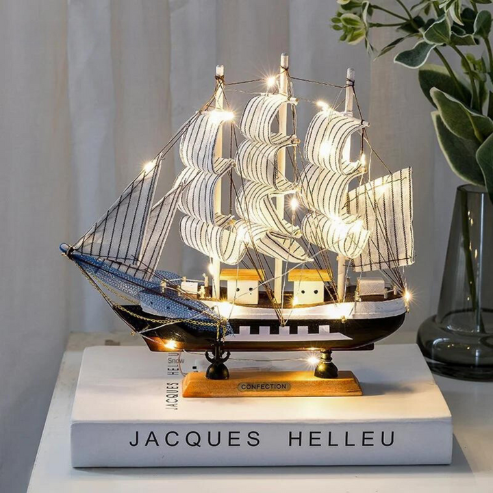 BowLift | Royaleva Nordic Wood Sailboat Sculpture - LED illuminated decorative piece, battery-operated