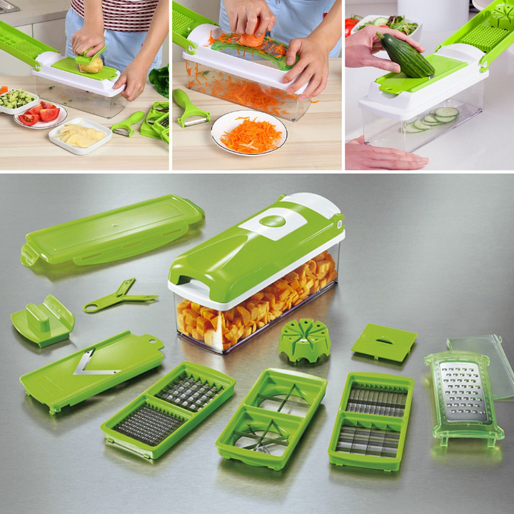 BowLift | CutMate Multifunctional Vegetable Cutter 12-in-1 | With Collection Container & Finger Guard | Stainless Steel Blades | Compact & Safe